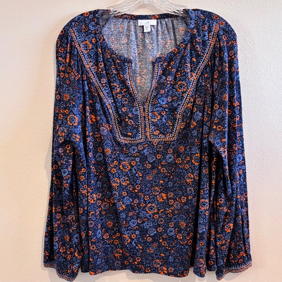 J. Jill Tops - J. Jill Women's V-neck Blue Orange Illuminated Garden Print  Long Sleeve Top EUC